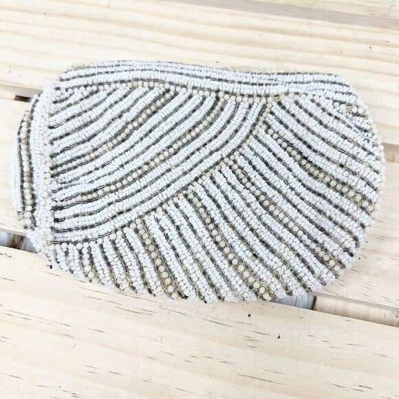 Vintage Gold White & Cream Micro Beaded Handmade Clutch Zipper Closure - Picture 1 of 4
